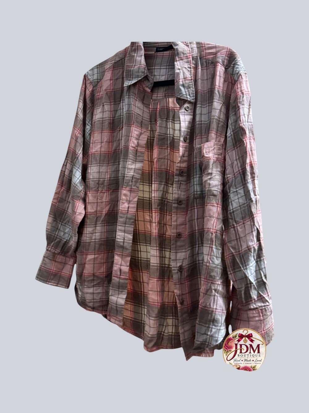 Lands' End Pink and Gray Plaid Long Sleeve Button Down Shirt